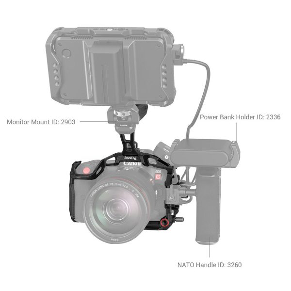 Merkitty kaavio SmallRig 3891 Handheld Black Mamba Kit for Canon EOS R5C -laitteesta, jossa näkyvät näytön kiinnitys (ID: 2903), virtapankin pidike (ID: 2336) ja NATO-kahva (ID: 3260) kameran asennuksessa.