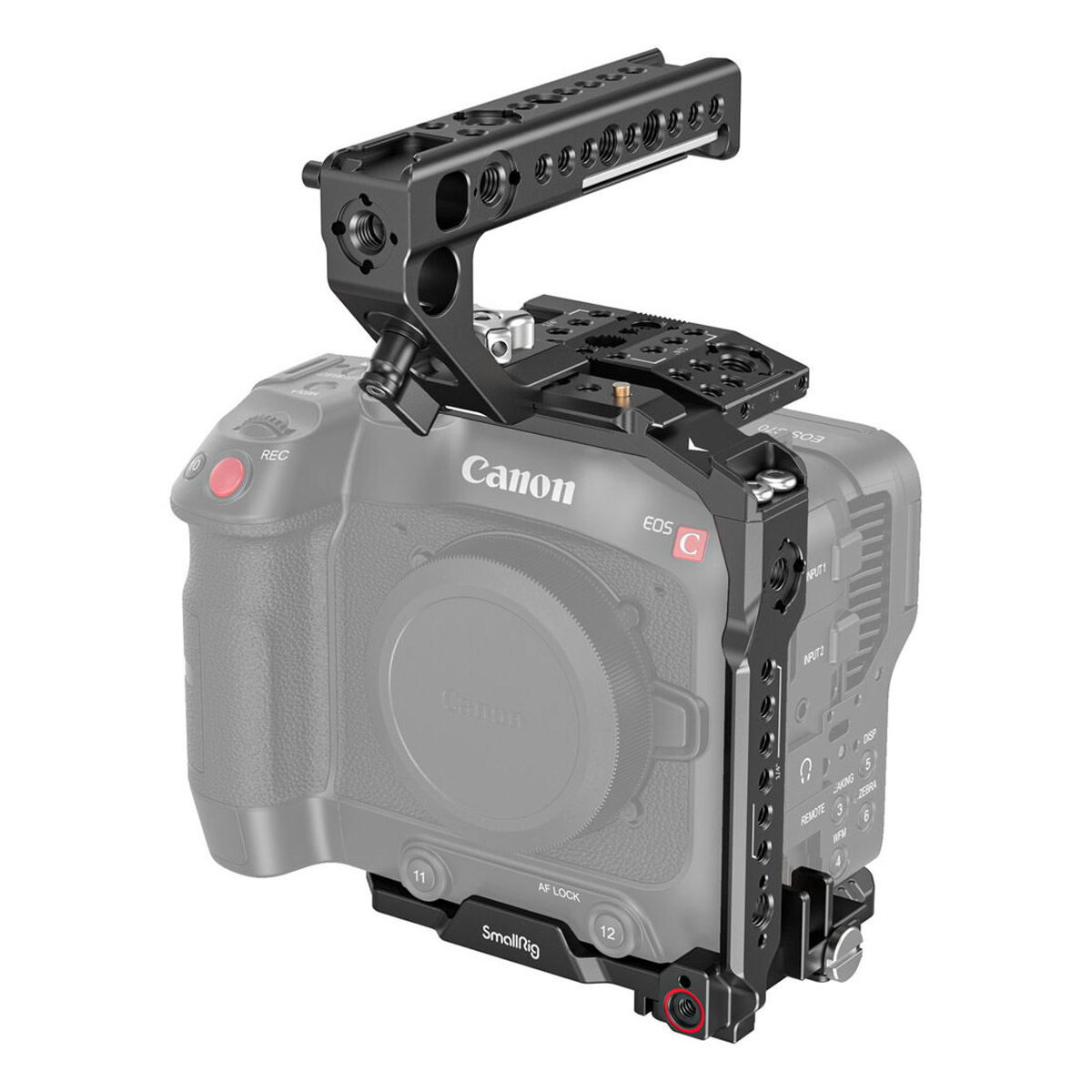 Canon EOS C70 in a black SmallRig 3899 Handheld Kit camera cage with top handle showing side mounting points and controls. The lens is not attached.