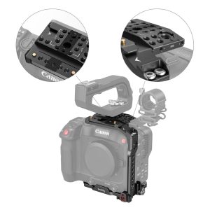 SmallRig 3899 Handheld Kit for Canon EOS C70 -mallissa on ylä- ja sivukahvat; lähikuvat korostavat häkin kiinnityspisteitä ja ruuvinreikiä lisävarusteiden kiinnittämistä varten.