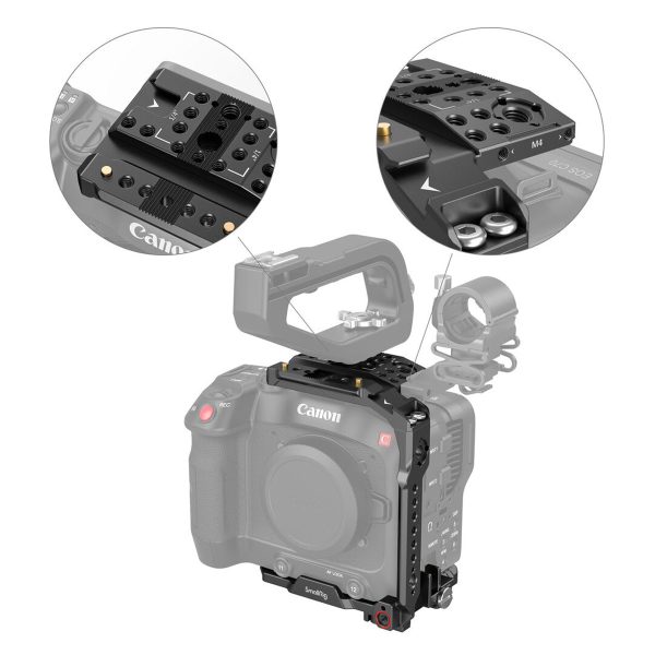 SmallRig 3899 Handheld Kit for Canon EOS C70 -mallissa on ylä- ja sivukahvat; lähikuvat korostavat häkin kiinnityspisteitä ja ruuvinreikiä lisävarusteiden kiinnittämistä varten.
