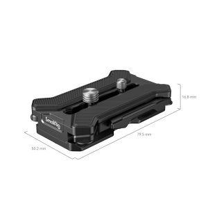 SmallRig-3913-3 The SmallRig 3913 Arca Type Multifunctional Quick Release Plate is black, measures 79.5 x 50.2 x 16.8 mm and includes two mounting screws, textured handles and a brand logo.