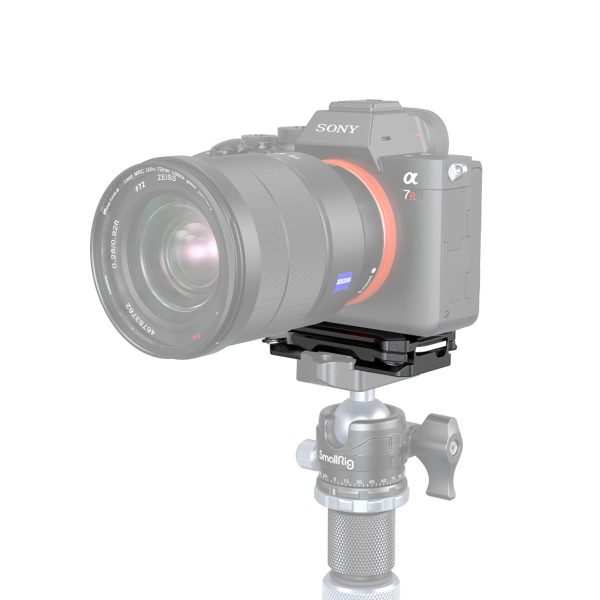 SmallRig-3913-4 Camera on a tripod with a semi-transparent body that highlights the SmallRig 3913 Arca Type Multifunctional Quick Release Plate and the ball head mount below.