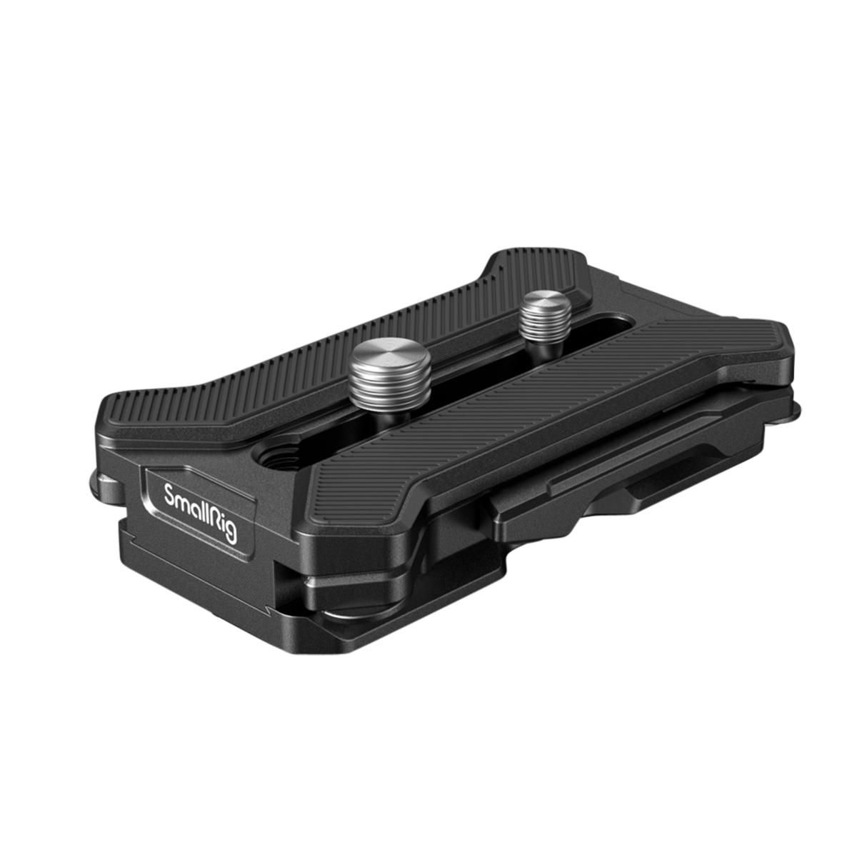 SmallRig 3913 Arca Type Multifunctional Quick Release Plate is a black, compact, rectangular plate with a textured surface and two metal mounting screws for attaching cameras to tripods or stabilizers.