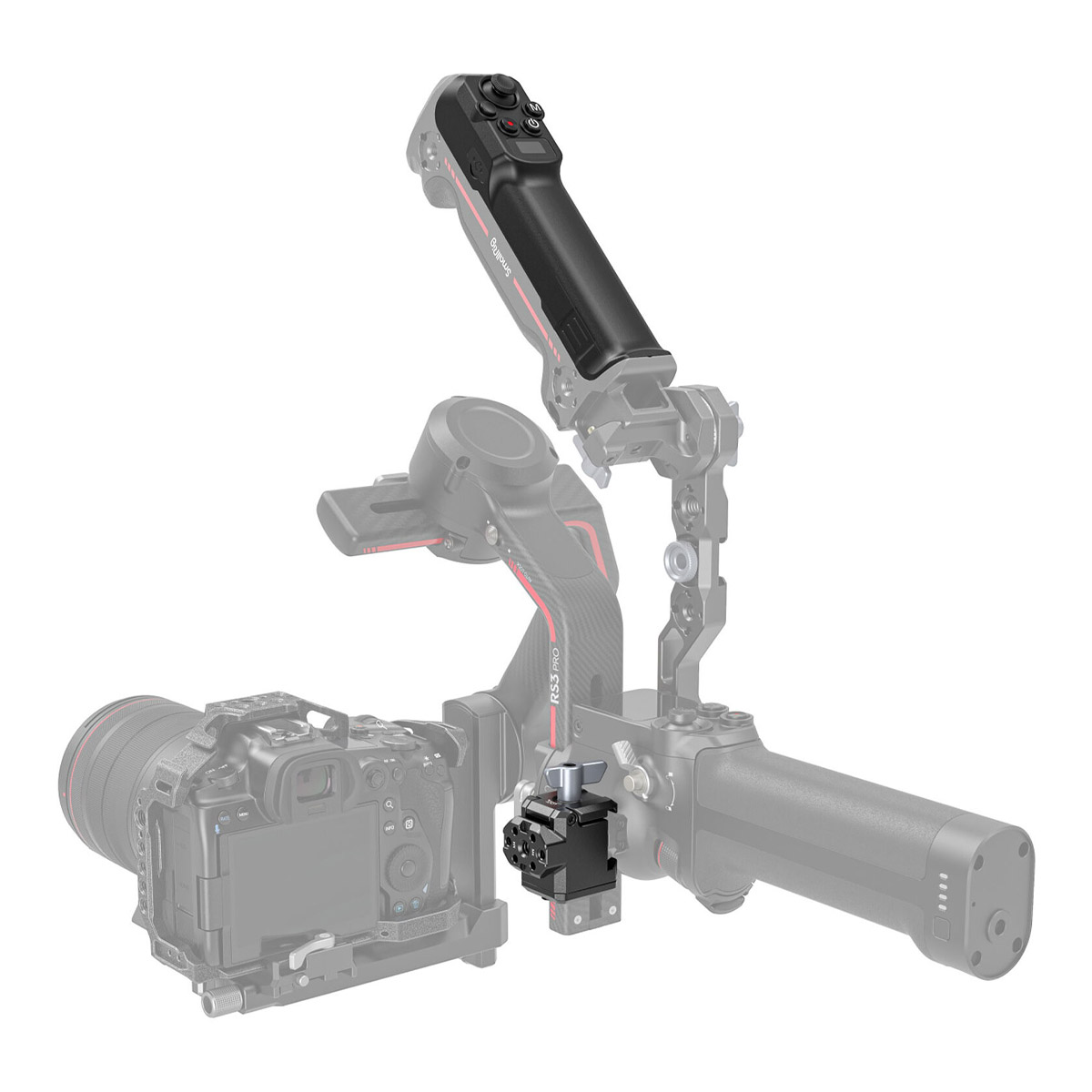 Lähikuva kameralaitteesta, jossa on SmallRig 3920 Wireless Controller for DJI RS Series -ohjain täysissä väreissä; ohjain, kahva ja tarkennuksen säätölaite on korostettu, kun taas muu osa laitteesta on harmaa ja haalistunut.