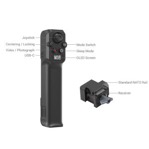 SmallRig-3920-2 SmallRig 3920 Wireless Controller for DJI RS Series -ohjaimen ja sen vastaanottimen merkityssä kaaviossa näkyvät osat, kuten joystick, tilakytkin, video/valokuvapainike, lepotila, keskitys/lukitus, USB-C-portti, OLED-näyttö, NATO-kisko ja vastaanotin.