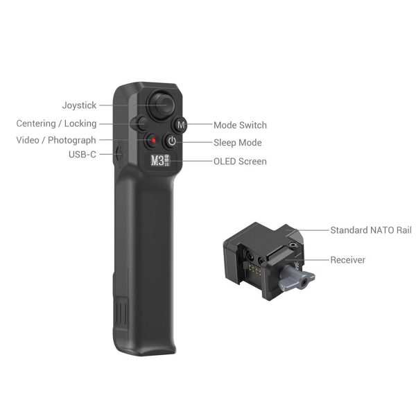 SmallRig-3920-2 SmallRig 3920 Wireless Controller for DJI RS Series -ohjaimen ja sen vastaanottimen merkityssä kaaviossa näkyvät osat, kuten joystick, tilakytkin, video/valokuvapainike, lepotila, keskitys/lukitus, USB-C-portti, OLED-näyttö, NATO-kisko ja vastaanotin.