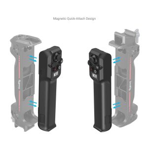 SmallRig-3920-4 Kaksi mustaa SmallRig 3920 -langatonta ohjainta DJI RS -sarjalle on kuvassa kiinnitetty magneettisesti kahteen kamerahäkin runkoon, ja siniset nuolet osoittavat liitäntäkohdat. Yllä olevassa tekstissä lukee Magnetic Quick-Attach Design.
