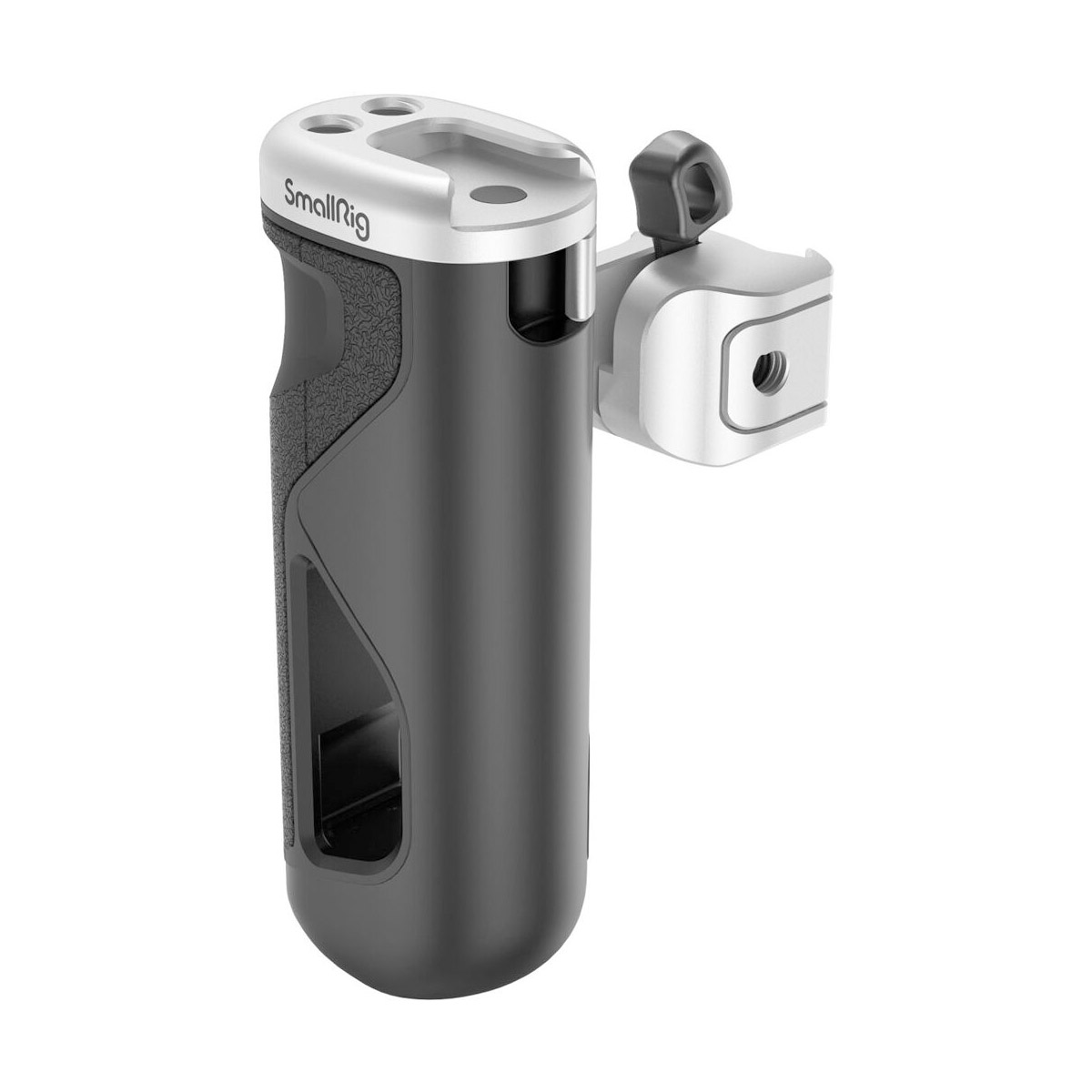 SmallRig 3922 folding side handle, black and silver, ergonomic contours and textured handle, includes mounting bracket and appears on white background.