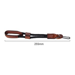 SmallRig 3926 Universal Wrist Strap Vintage -rannehihna, musta ja ruskea, jossa on nahka-aksentteja ja pituus 255 mm, näkyy valkoisella pohjalla.