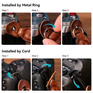 SmallRig 3926 Universal Wrist Strap Vintage -rannehihna sisältää vaiheittaiset ohjeet, joissa on lähikuvia siitä, miten nahkahihna kiinnitetään kameraan metallirenkaan tai -narun avulla.