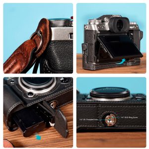 Neljästä lähikuvasta koostuva kollaasi näyttää SmallRig 3927 Half Case & Wrist Strap for Fujifilm X-T5 -kameran, jossa korostuvat hihna, kallistettava näyttö, akkulokero ja pohjan kiinnitysreikä.