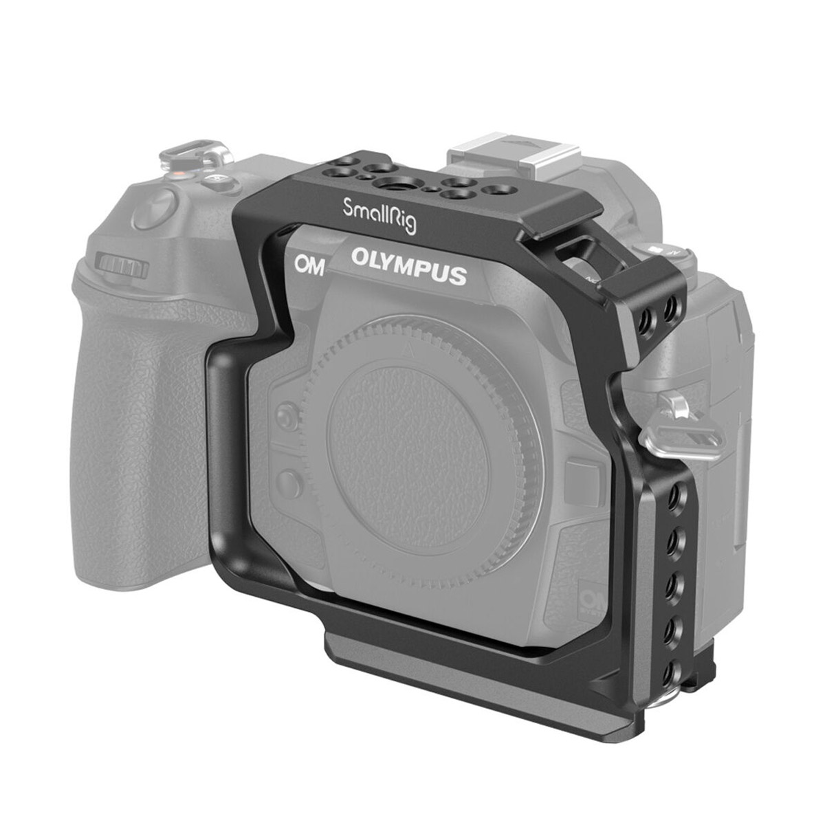 The black SmallRig 3948 Camera Cage for OM System OM-1 is mounted on a grey, semi-transparent Olympus camera and provides additional mounting points and protection.