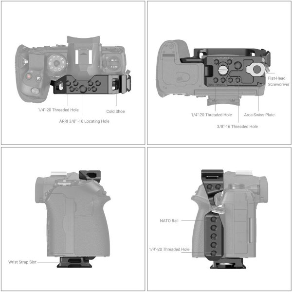Diagram of the SmallRig 3948 Camera Cage for OM System OM-1 attached to the camera from four angles, showing the marked parts: cold shoe, ARRI locating hole, threaded holes, Arca-Swiss plate, wrist strap hole, flathead screwdriver and NATO rail.