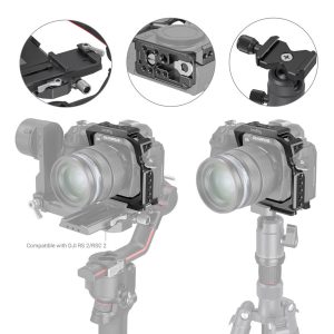 SmallRig 3948 Camera Cage for OM System OM-1 is attached to the tripod and gimbal using an L-bracket, and close-ups of the details of the bracket; compatibility with DJI RS 2/RSC 2 is mentioned in the text.