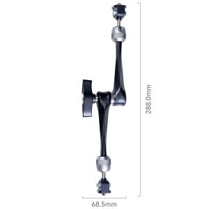 SmallRig 3959 Rosette Arm 11" on esitetty pystysuorassa hopeisilla nivelillä, ja sen korkeus on 288,0 mm ja leveys 68,5 mm. Kuvassa korostuu sen musta muotoilu ja mitat valkoista taustaa vasten.