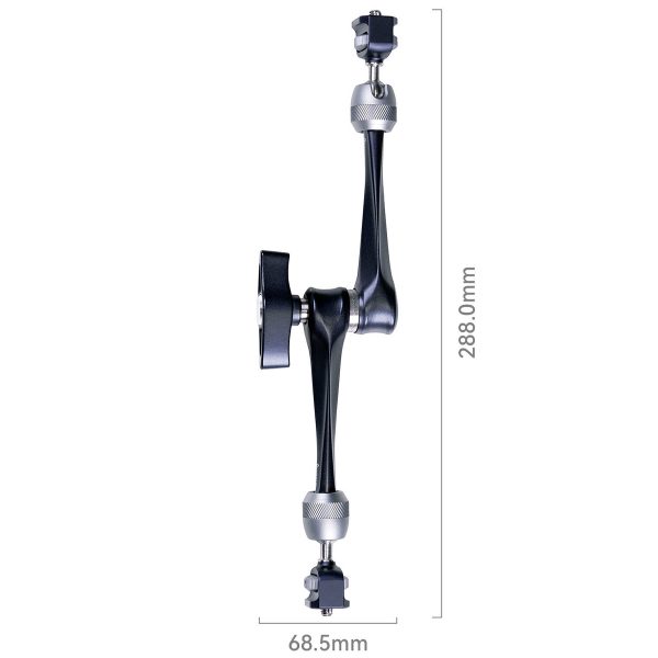 SmallRig 3959 Rosette Arm 11" on esitetty pystysuorassa hopeisilla nivelillä, ja sen korkeus on 288,0 mm ja leveys 68,5 mm. Kuvassa korostuu sen musta muotoilu ja mitat valkoista taustaa vasten.