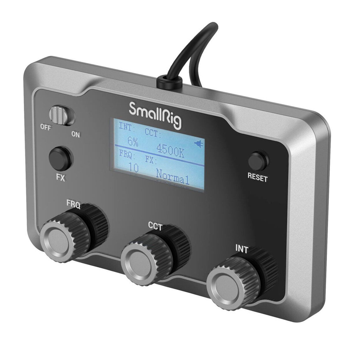 The SmallRig 3980 control panel for RC 350/450 Cob lights has a display, three labelled knobs (FRQ, CCT, INT), ON/OFF and RESET buttons and a top-mounted connection cable.