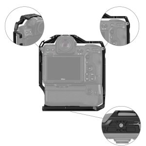 SmallRig-3982-3 SmallRig 3982 Cage for Nikon Z8 with MB-N12 Battery Grip on asennettu Nikonin DSLR-kameraan takaa katsottuna. Kolme zoomattua ympyrää korostavat häkin ainutlaatuisia ominaisuuksia kameran vasemmassa yläkulmassa, oikeassa yläkulmassa ja oikeassa alakulmassa.