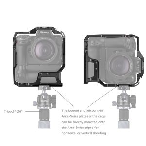 SmallRig-3982-5 Kaavio SmallRig 3982 Cage for Nikon Z8 with MB-N12 Battery Grip asennettuna vaakasuoraan ja pystysuoraan jalustapäähän, jossa näkyy sisäänrakennetut Arca-Swiss-levyt suoraa jalustakiinnitystä varten molemmissa asennoissa.