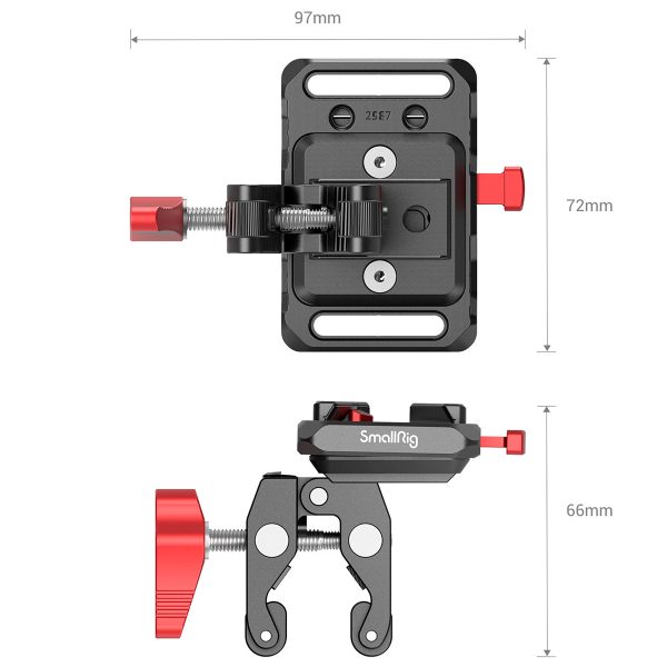 Diagram of the SmallRig 2989 Battery Plate Mini V-Mount with Crab Clamp showing dimensions: 97 mm wide, 72 mm high (top view) and 66 mm high (side view). Features include red clamping knobs and metal parts.