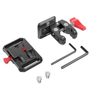 SmallRig 2989 Battery Plate Mini V-Mount with Crab Clamp, with quick release plate, two hex wrenches and two screws, shown in black and red on a white background.