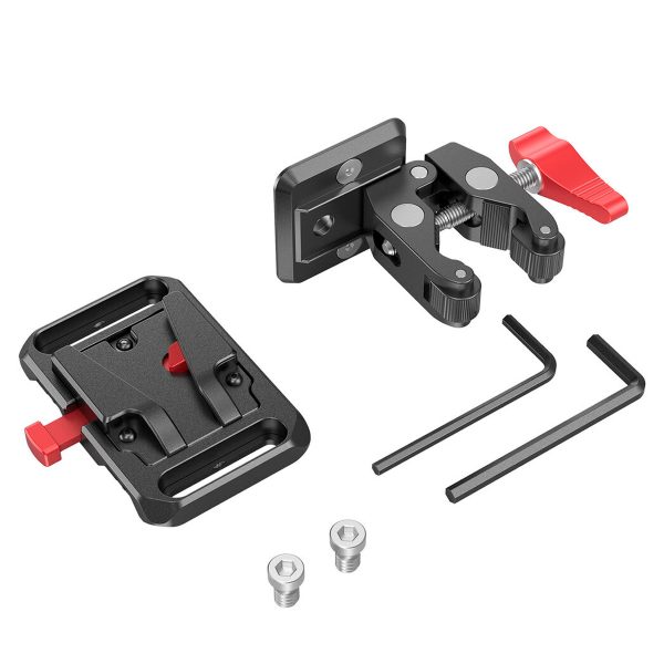 SmallRig 2989 Battery Plate Mini V-Mount with Crab Clamp, with quick release plate, two hex wrenches and two screws, shown in black and red on a white background.
