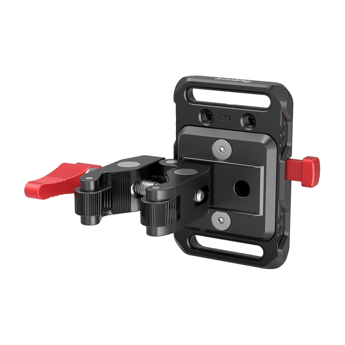 The SmallRig 2989 Battery Plate Mini V-Mount with Crab Clamp is a black and red metal mount with knobs and levers designed to securely mount camera equipment.
