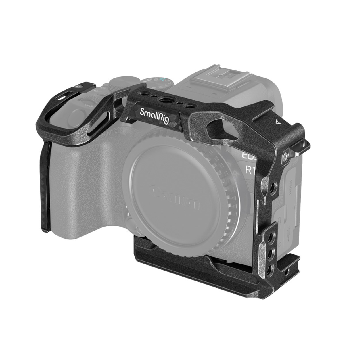 SmallRig 4004 Black Mamba Cage for Canon EOS R10 on asennettu kameran runkoon ja tarjoaa suojaa ja kiinnityspisteitä. Kameran objektiivia ei ole kiinnitetty.