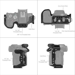 The four labeled schematics showcase the SmallRig 4004 Black Mamba Cage for Canon EOS R10, highlighting the cold shoe mount, multiple 1/4-20 and 3/8-16 threaded holes, Arca-Swiss plate and flathead screwdriver.