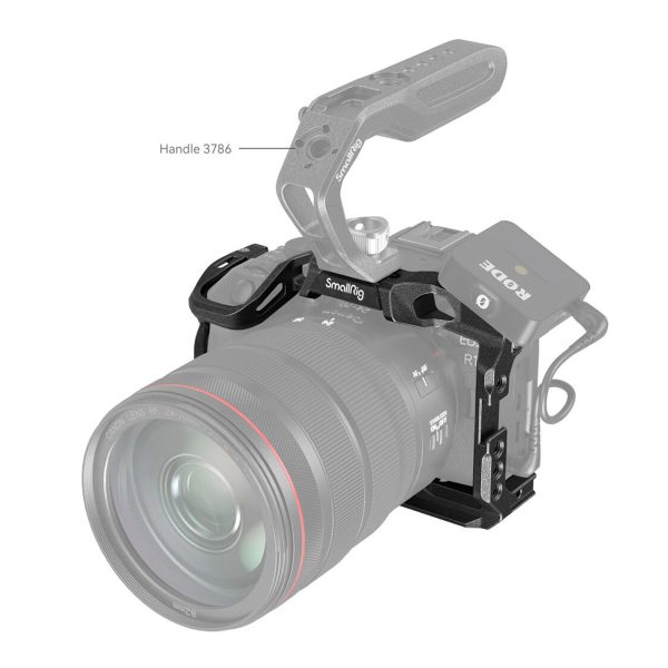 The Canon EOS R10 is housed in a SmallRig 4004 Black Mamba Cage with a removable 3786 handle. The camera has a large lens and a built-in Rode audio receiver. The highlighted area shows the handle on the top of the rig.