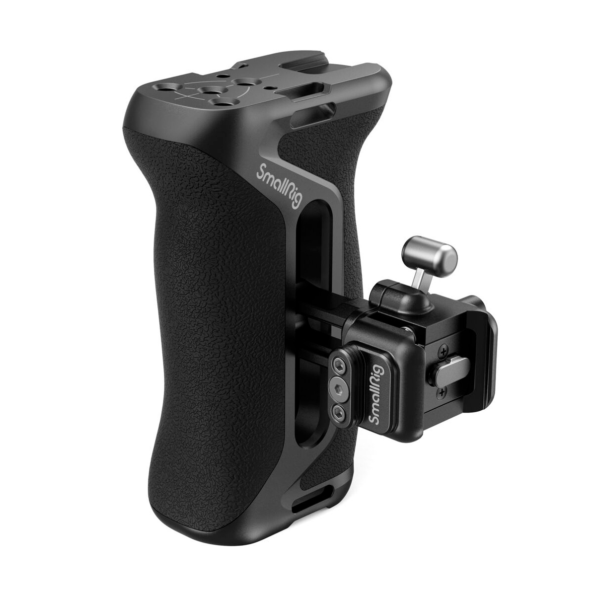 SmallRig-4017 SmallRig 4017 Nato Side Handle Snap on Quick Lock on musta ergonominen kamerakahva, jossa on kuvioidut sivut ja hopeanvärinen metallikiinnike, joka on suunniteltu lisävarusteiden helppoon kiinnittämiseen video- tai valokuvausasetuksiin.