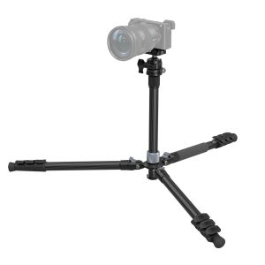 SmallRig-4059-2 The SmallRig 4059 Carbon Fiber Tripod Kit With Center Column AP-20 mounts the digital camera on its black, tripod-mounted adjustable frame, which is spread wide for stability and set against a white background.
