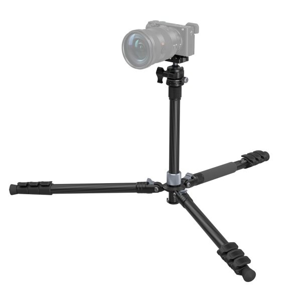 SmallRig-4059-2 The SmallRig 4059 Carbon Fiber Tripod Kit With Center Column AP-20 mounts the digital camera on its black, tripod-mounted adjustable frame, which is spread wide for stability and set against a white background.