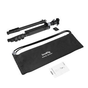 SmallRig-4059-3 SmallRig 4059 Carbon Fiber Tripod Kit With Center Column AP-20, removable mounting plate, marked black carrying case and instructions appear folded together on a white background.