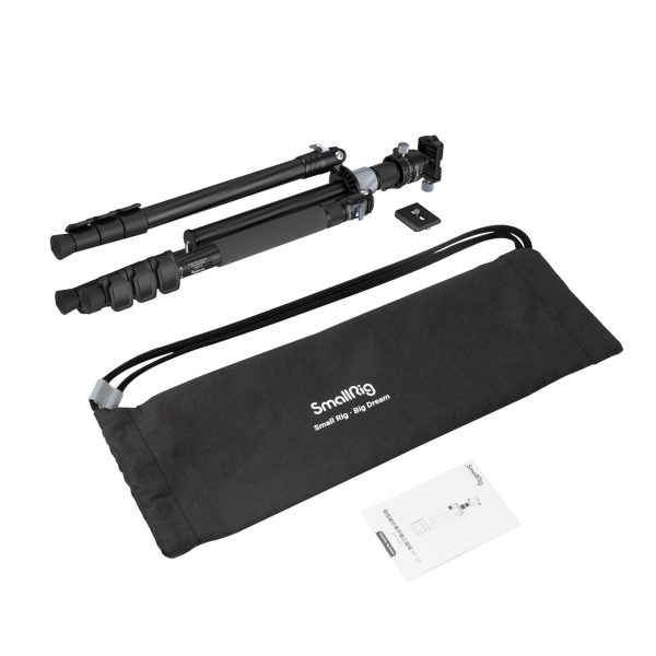 SmallRig-4059-3 SmallRig 4059 Carbon Fiber Tripod Kit With Center Column AP-20, removable mounting plate, marked black carrying case and instructions appear folded together on a white background.
