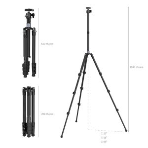 SmallRig-4059-4 SmallRig 4059 Carbon Fiber Tripod Kit With Center Column AP-20 is shown in three positions: fully retracted (398 mm), partially extended (540 mm) and fully extended (1580 mm), and the dimensions of each position are marked.
