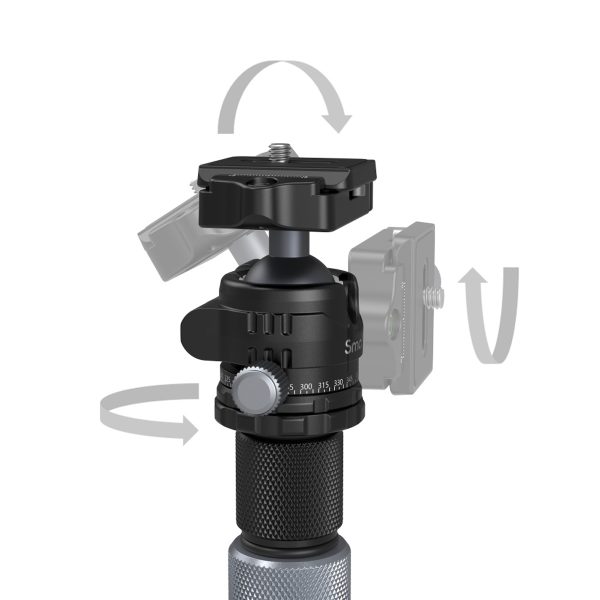 SmallRig-4059-5 Close-up of the SmallRig 4059 Carbon Fiber Tripod Kit With Center Column AP-20's black ball head, highlighting its rotation and tilt functions with knobs and translucent curved arrows around the head.
