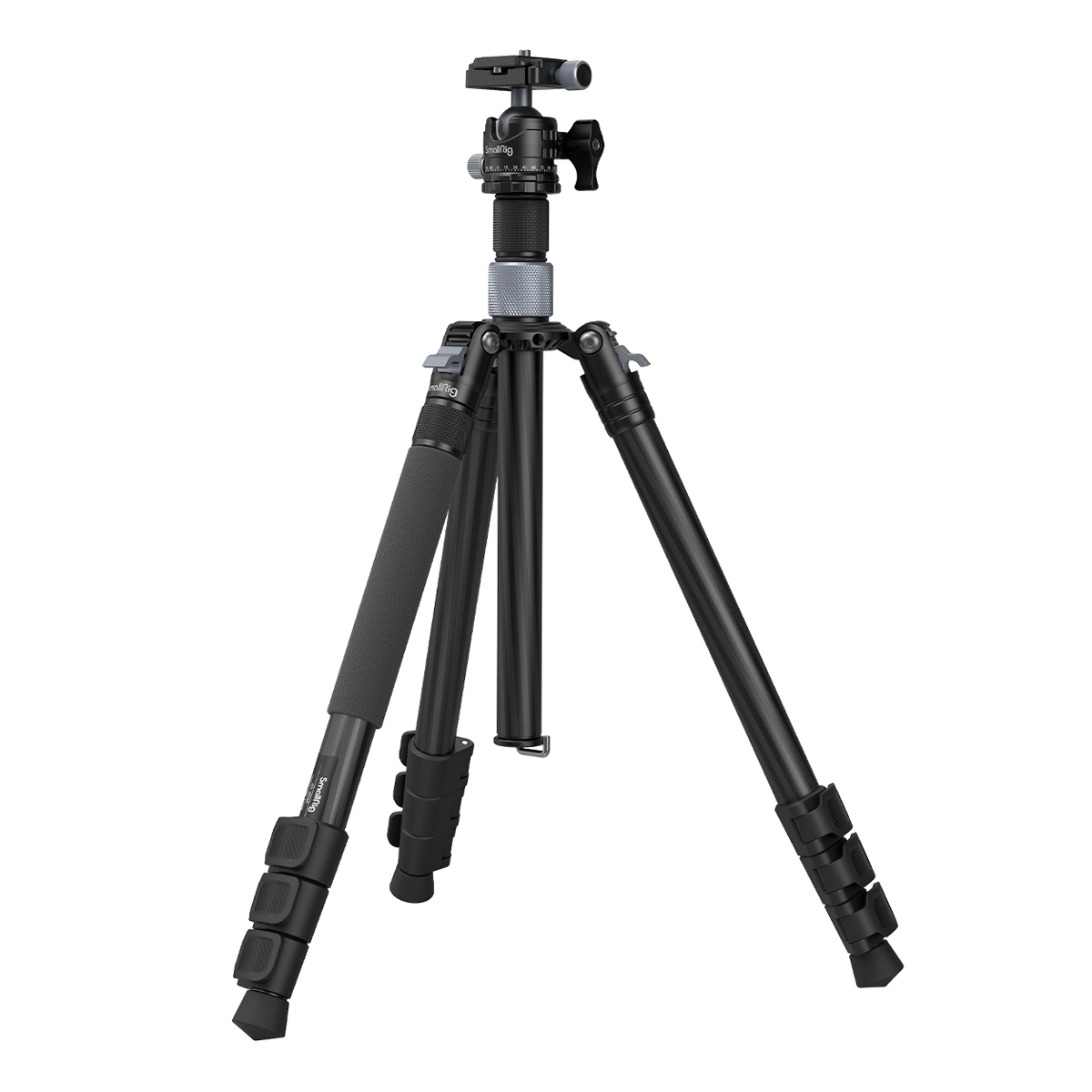 SmallRig 4059 Carbon Fiber Tripod Kit With Center Column AP-20, jossa on säädettävät jalat ja kuulapääkiinnike, on täysin ulosvedetty ja seisoo pystyssä valkoista taustaa vasten.