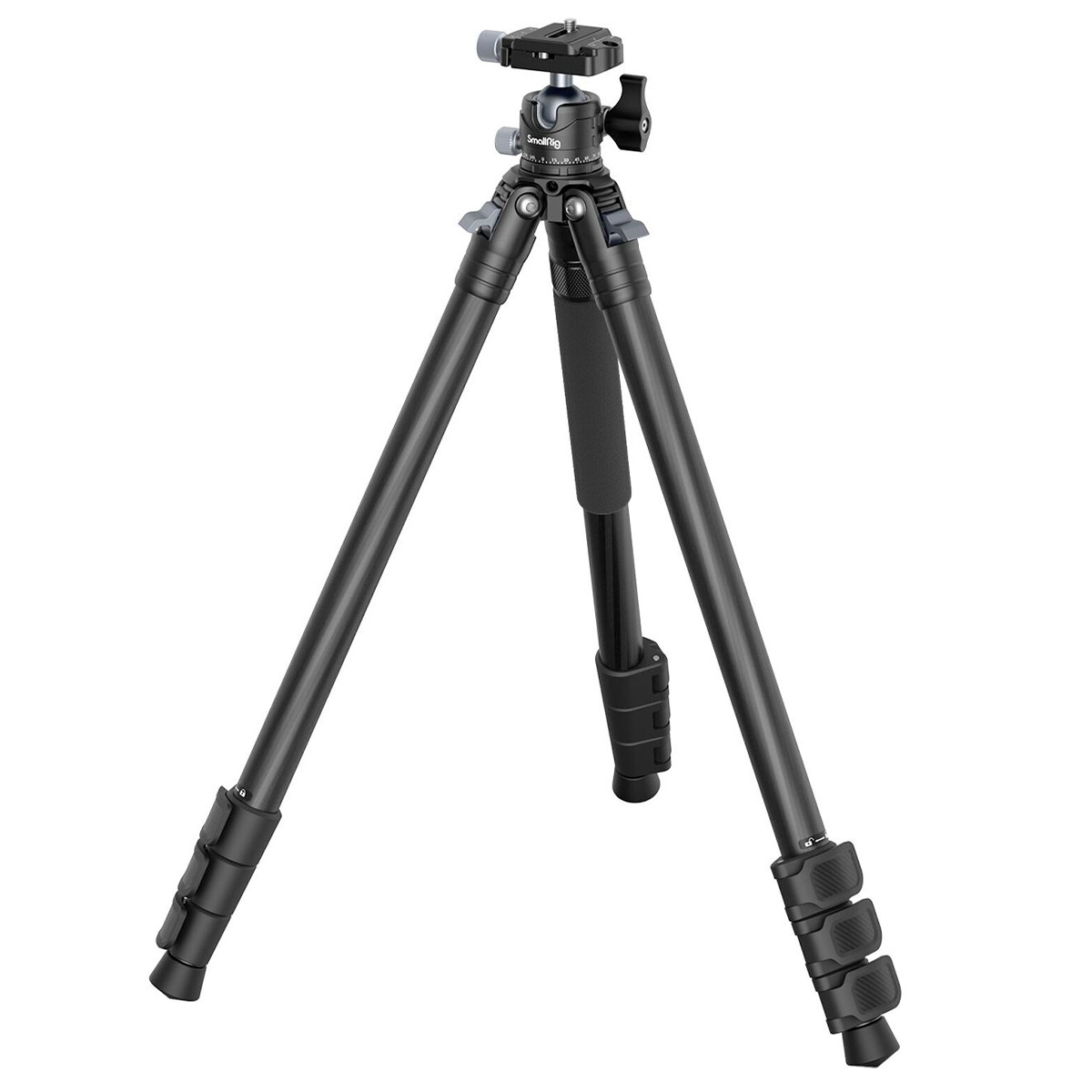 SmallRig 4060 Carbon Fiber Tripod Kit AP-10 -hiilikuitu kolmijalka sisältää kolme säädettävää jalkaa, pikalukitukset, kameran kiinnityspään ja vaahtomuovikahvan toisessa jalassa mukavaa käsittelyä varten.