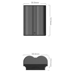 SmallRig 4072 Camera Battery NP-W235 on musta, suorakulmainen akku, jonka mitat ovat 38,8 mm leveä, 52,3 mm korkea ja 23,0 mm syvä, ja siinä on pyöristetty yläosa ja litteä pohja, jossa on lovi.