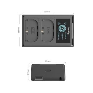 SmallRig 4084 -akkulaturissa LP-E6-akuille on suorakulmainen muotoilu, jossa on kaksi latauspaikkaa (CH1 ja CH2), LCD-näyttö lataustilaa varten ja laturin mitat 90 mm x 56 mm x 27 mm sekä 56 mm x 27 mm:n komponentti.