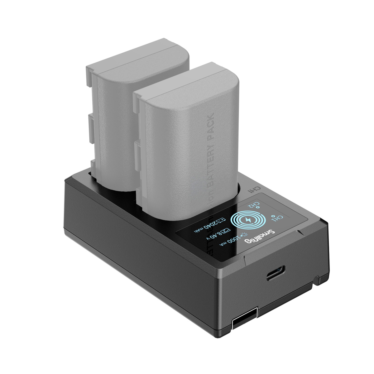 SmallRig 4084 -akkulaturissa LP-E6-akuille on tyylikäs ja kompakti muotoilu, jossa on kaksi latauspaikkaa, digitaalinen lataustilan näyttö, kaksi harmaata ladattavaa akkua ja USB-portti edessä.