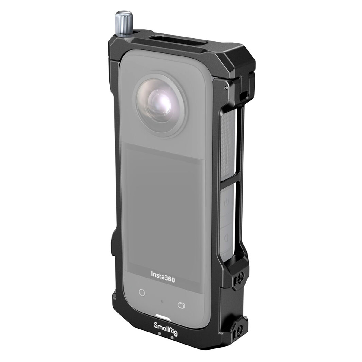 SmallRig 4088 Frame Insta360 X3:lle on musta metallihäkki, joka ympäröi kameran ja tarjoaa suojaa ja kiinnitysmahdollisuuksia sekä tarkat leikkaukset painikkeille ja porteille.