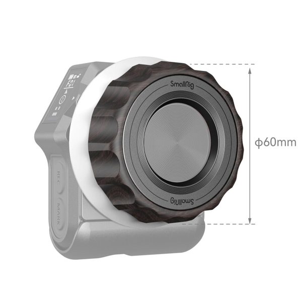 SmallRig-4091-3 SmallRig 4091 Follow Focus -merkintäkiekko (puinen), musta ja hopea, on kiinnitetty kameran runkoon, ja katkoviiva osoittaa nupin 60 mm:n halkaisijan.