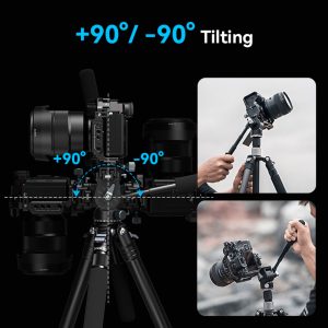 SmallRig 4104 Video Head with Mount Plate for Vertical Shooting -videopää kallistuu +90°:sta -90°:een, ja kuvissa näkyy kädet, jotka säätävät kameraa sekä pysty- että vaakakulmiin. Sininen teksti näyttää +90°/-90° kallistuksen.
