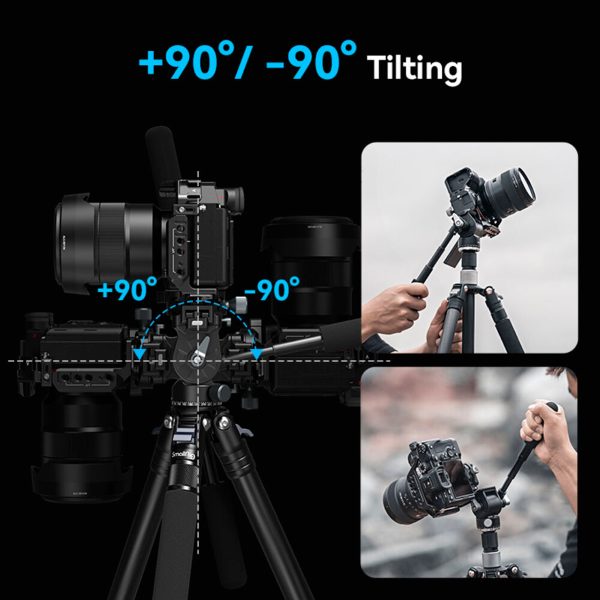 SmallRig 4104 Video Head with Mount Plate for Vertical Shooting -videopää kallistuu +90°:sta -90°:een, ja kuvissa näkyy kädet, jotka säätävät kameraa sekä pysty- että vaakakulmiin. Sininen teksti näyttää +90°/-90° kallistuksen.