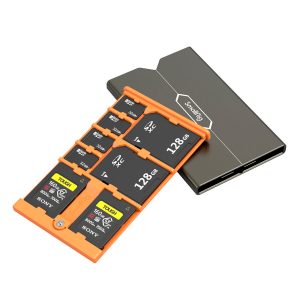The SmallRig 4107 memory card case for Sony CFexpress Type A memory cards is a compact black and silver case with an orange organizer compartment that holds six cards. Two memory card slots are visible on the side of the case.