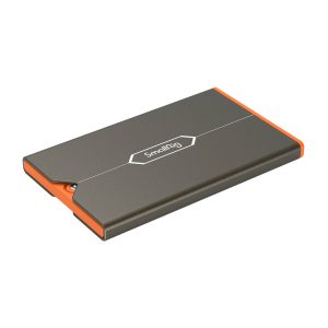 Slim, rectangular memory card case with metallic grey finish, orange edges and "SmallRig" printed in white at the top centre; designed for Sony CFexpress Type A cards.