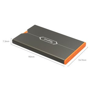 The SmallRig 4107 memory card case for Sony CFexpress Type A memory cards is a slim, rectangular portable device with a grey and orange case, measuring 90 mm x 54.9 mm x 7.3 mm. The brand logo appears at the top and the measurement lines indicate its dimensions.