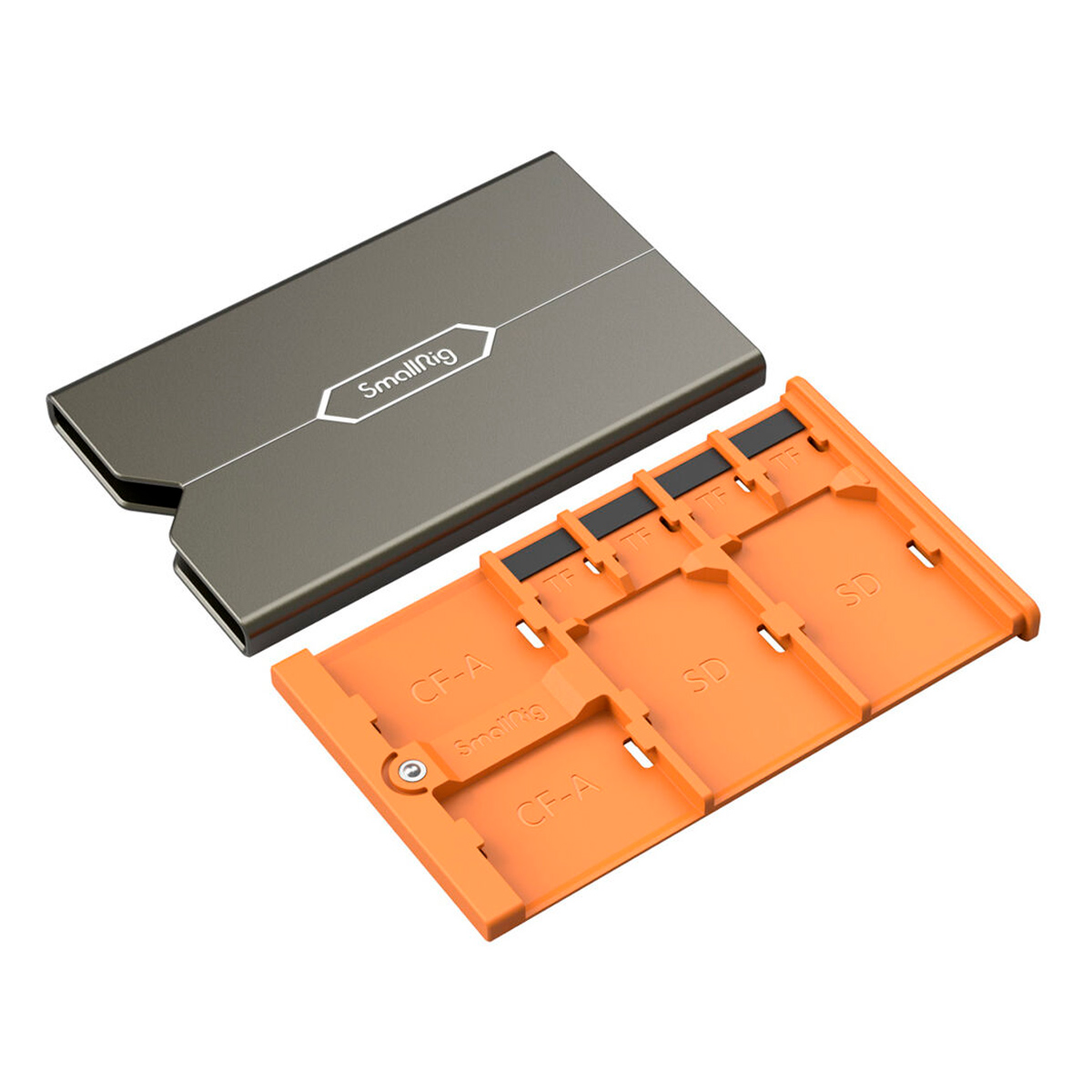 The SmallRig 4107 memory card case for Sony CFexpress Type A has a metal outer surface and an orange inner compartment, marked slots for CFexpress and SD cards, and the compartment is partially pulled out of the case.